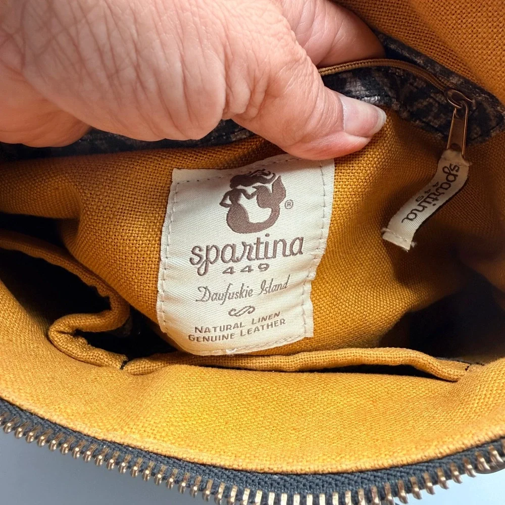 Spartina 449 Herringbone Shoulder Black Boho Chic Coastal Artisan Linen Leather